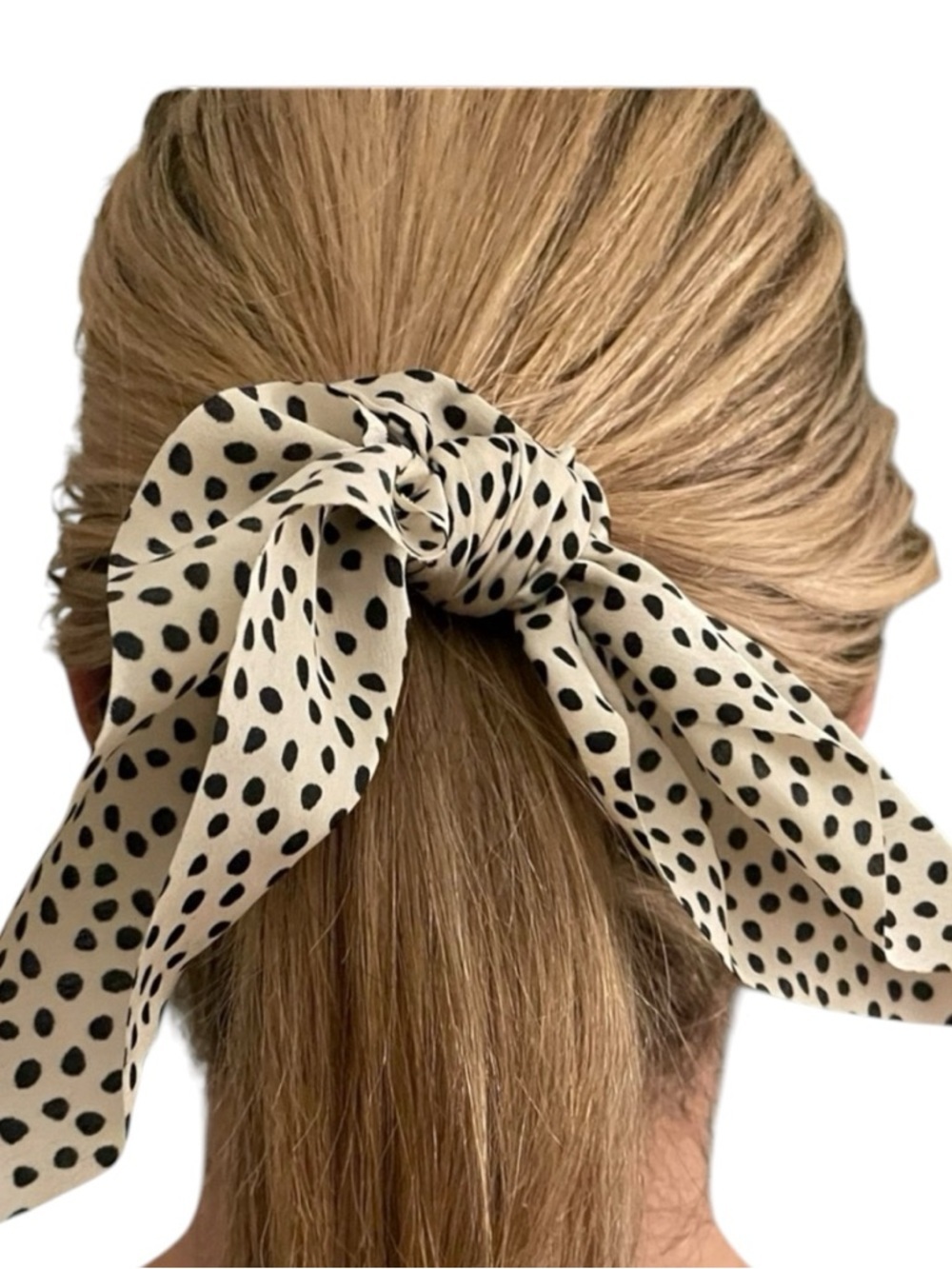 Polka Dot Silk Hair Scrunchie Scarf. Ivory & black. NWOT
